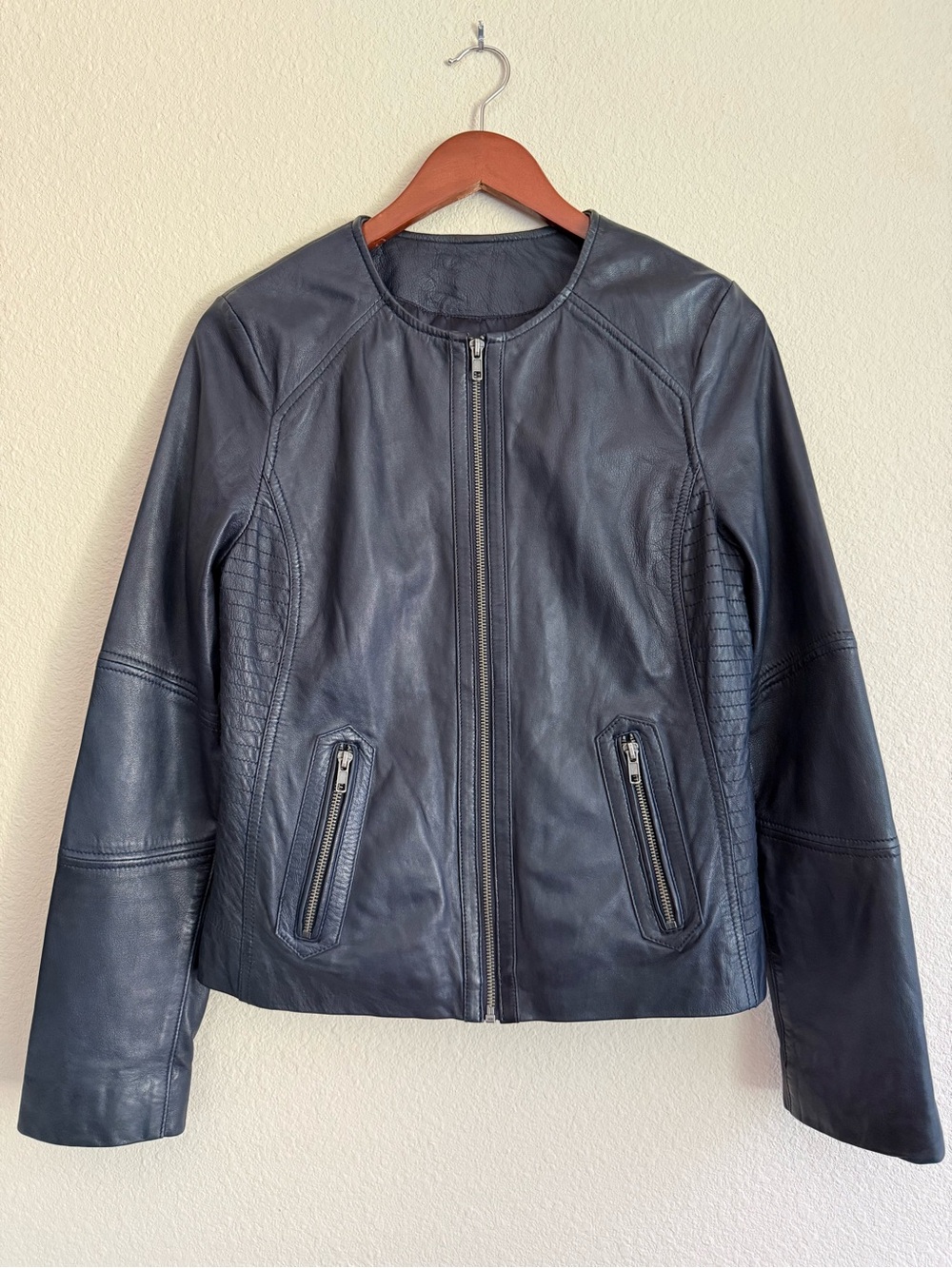 Black Rivet Navy Blue Genuine Leather Collarless Zip-front Jacket Size S(2-4)
